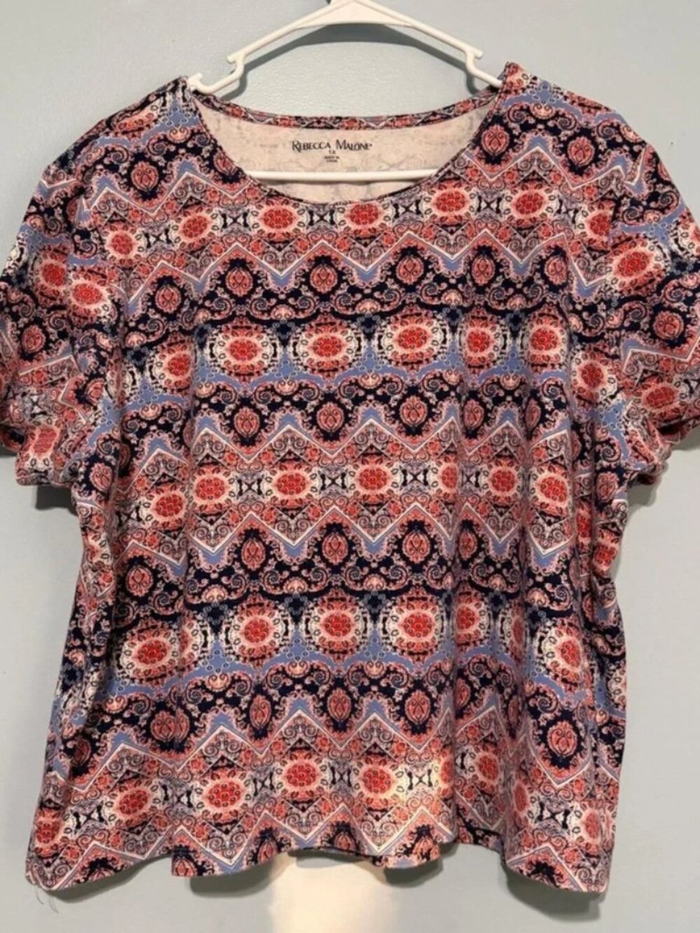Rebecca Malone Plus 1X Cotton Printed Short Sleeve Top